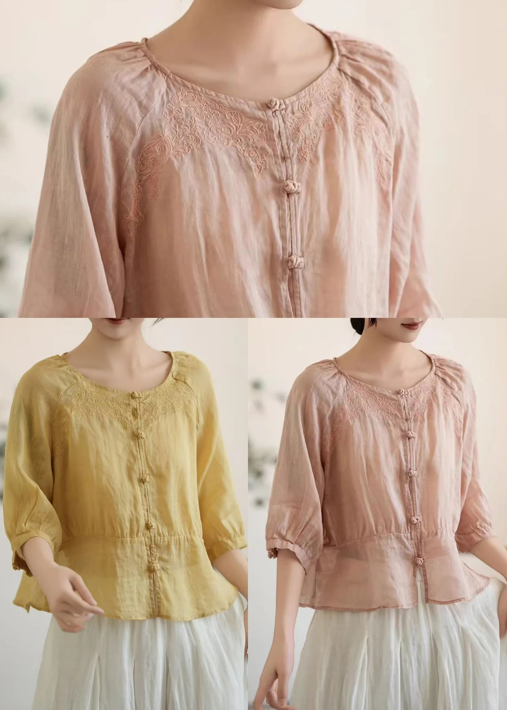 Stylish Yellow Embroidered Chinese Button Linen Top Summer - Image 5