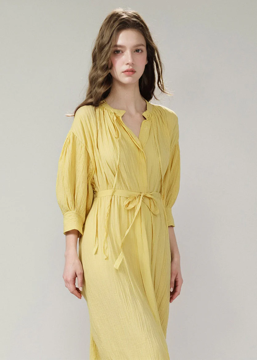 Stylish Yellow Lace Up Loose Cotton Shirts Dress Summer - Image 2
