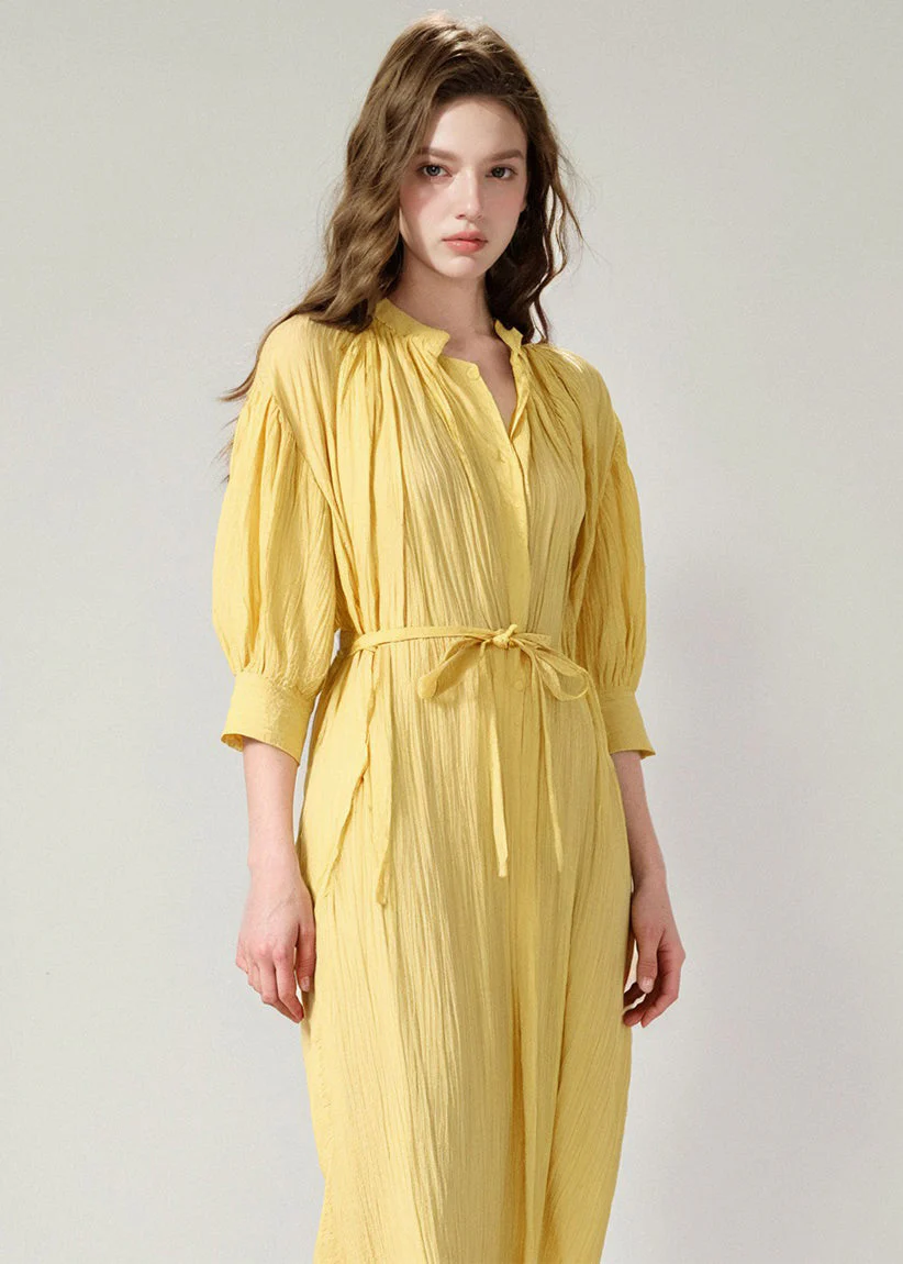 Stylish Yellow Lace Up Loose Cotton Shirts Dress Summer - Image 3