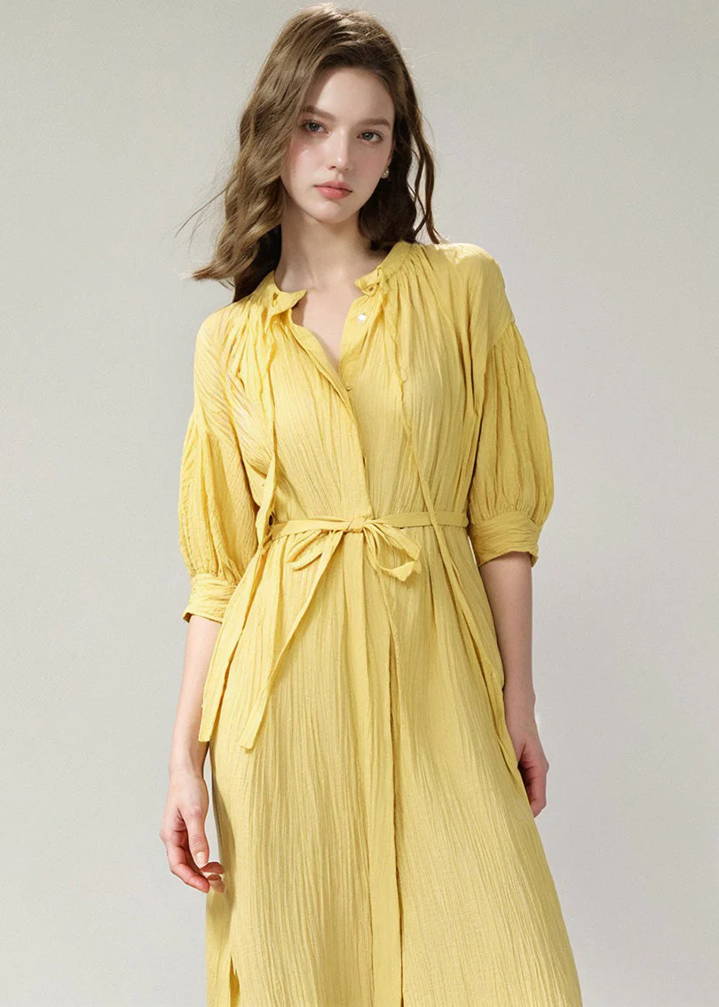Stylish Yellow Lace Up Loose Cotton Shirts Dress Summer - Image 4