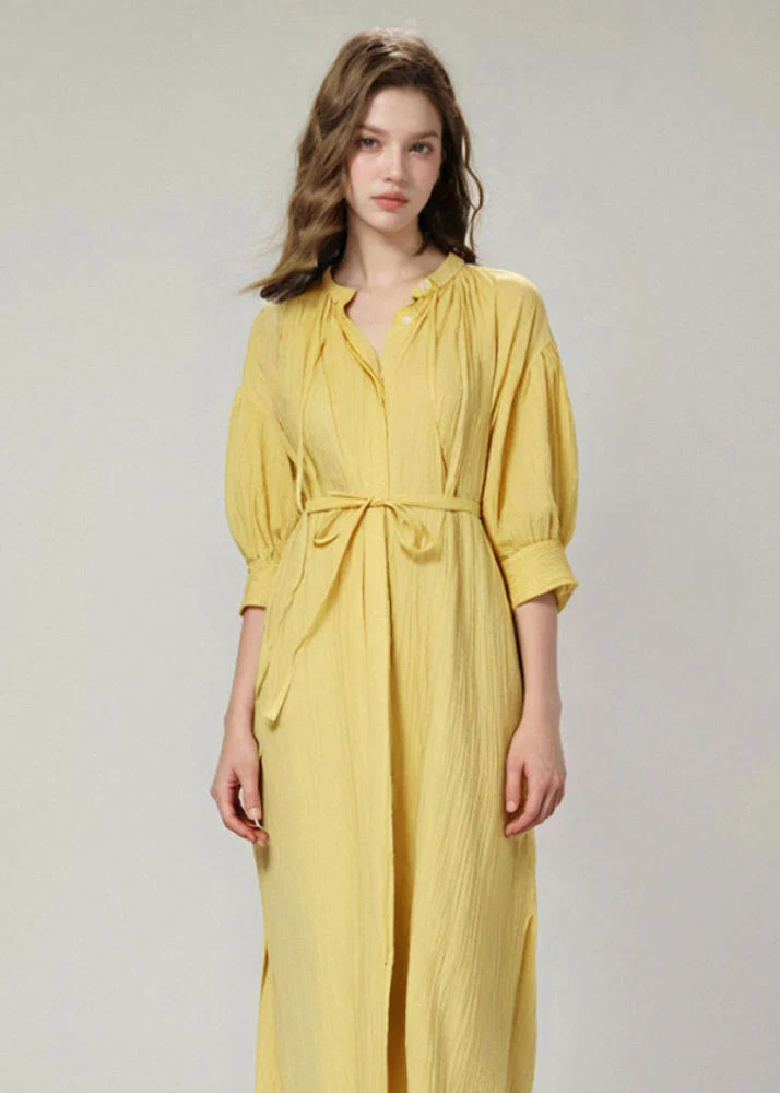 Stylish Yellow Lace Up Loose Cotton Shirts Dress Summer - Image 5
