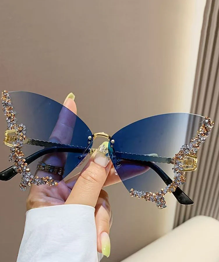 Stylish Yellow Metal Zircon Butterfly Sunglasses - Image 3