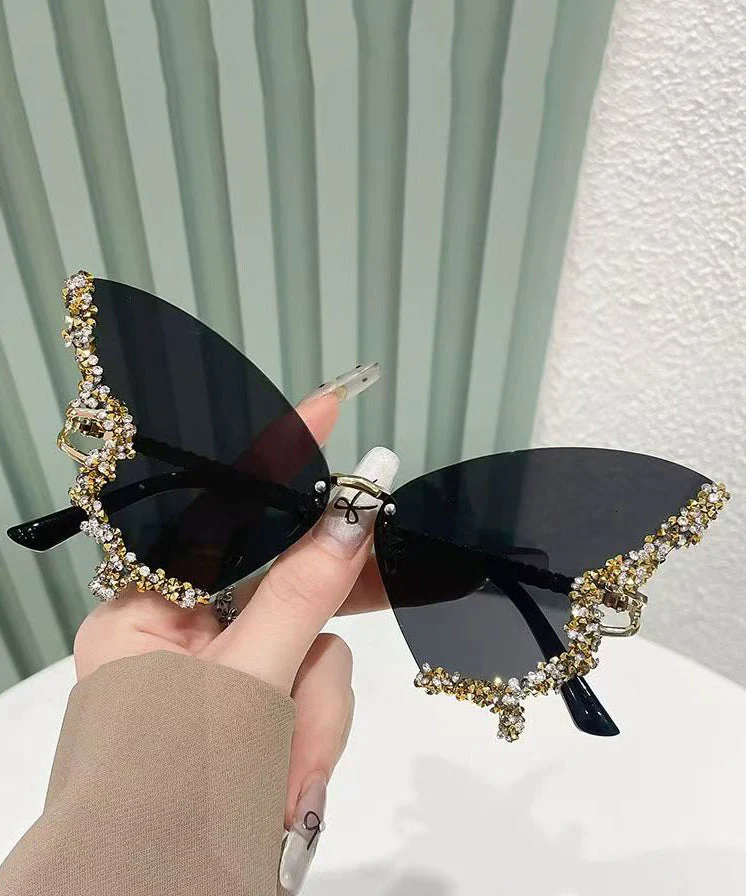 Stylish Yellow Metal Zircon Butterfly Sunglasses - Image 4