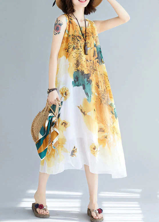 Stylish Yellow O-Neck Print Chiffon Dresses Sleeveless - Image 3