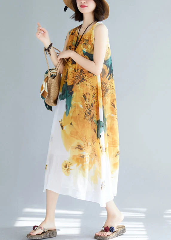 Stylish Yellow O-Neck Print Chiffon Dresses Sleeveless - Image 4
