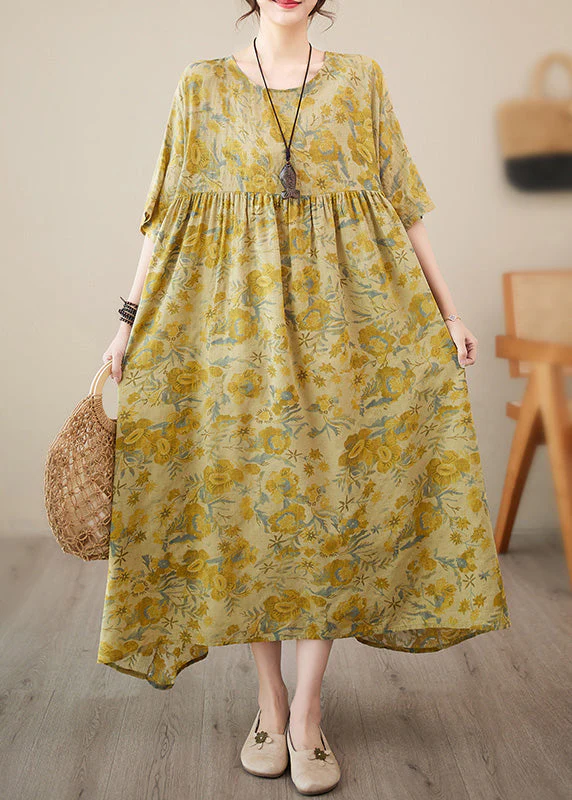 Stylish Yellow O-Neck Print Chiffon Vacation Long Dress Short Sleeve - Image 2