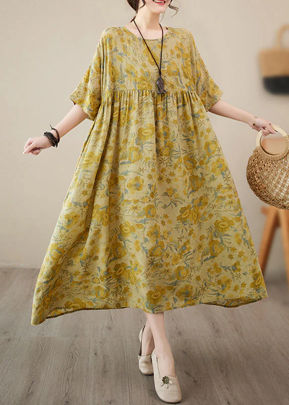 Stylish Yellow O-Neck Print Chiffon Vacation Long Dress Short Sleeve - Image 3