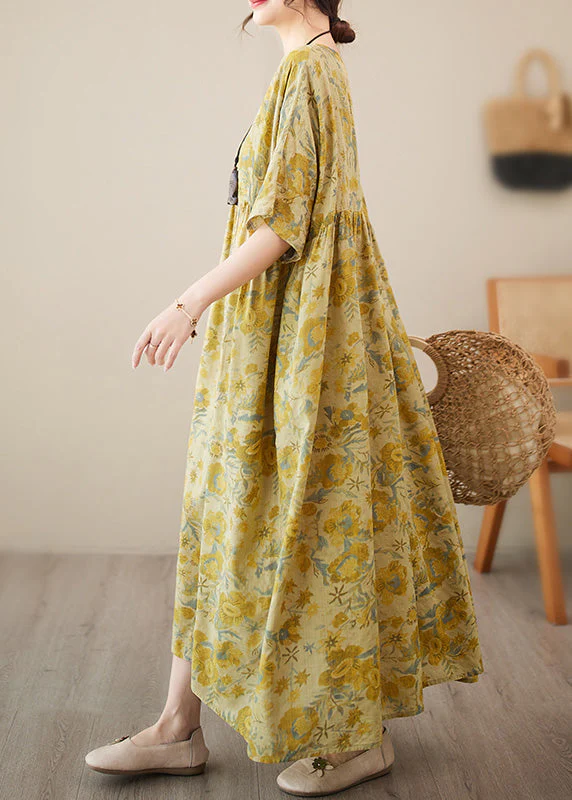 Stylish Yellow O-Neck Print Chiffon Vacation Long Dress Short Sleeve - Image 4