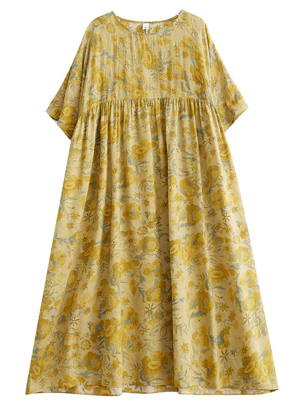 Stylish Yellow O-Neck Print Chiffon Vacation Long Dress Short Sleeve - Image 5