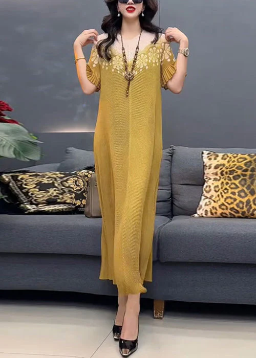 Stylish Yellow O-Neck Print Cotton Long Dress Summer - Image 3