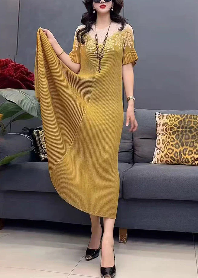 Stylish Yellow O-Neck Print Cotton Long Dress Summer - Image 4