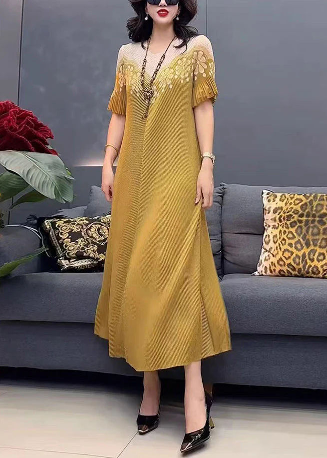 Stylish Yellow O-Neck Print Cotton Long Dress Summer - Image 5