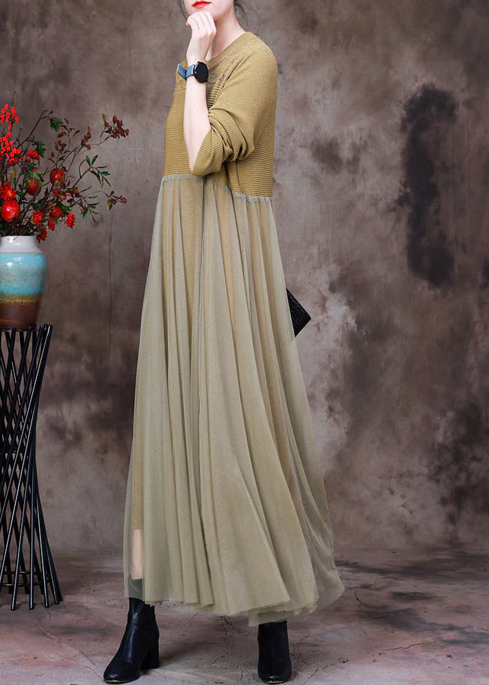 Stylish Yellow O-Neck Tulle Patchwork Knit Dress Long Sleeve - Image 2