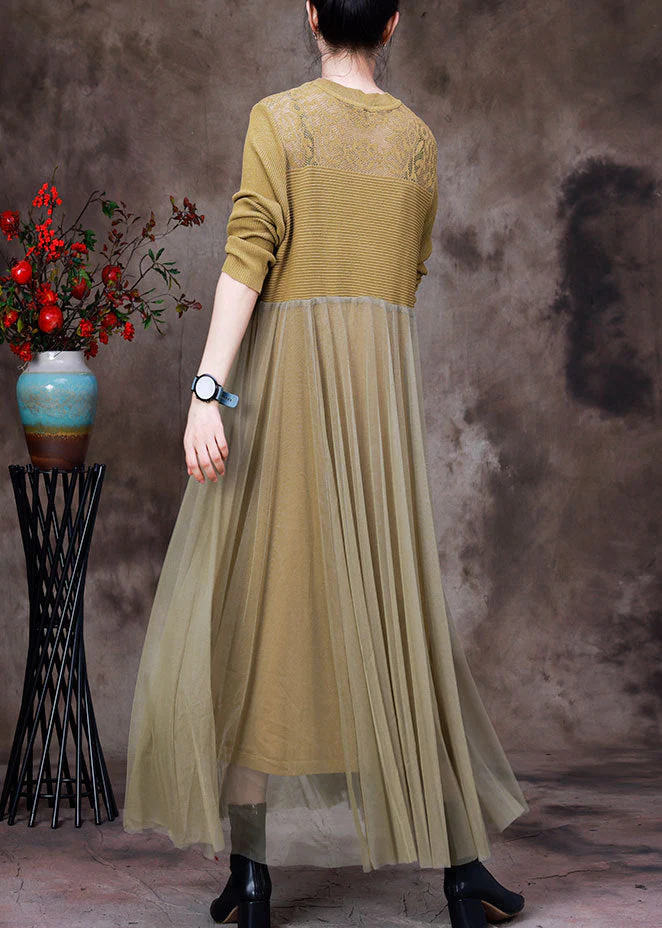 Stylish Yellow O-Neck Tulle Patchwork Knit Dress Long Sleeve - Image 3