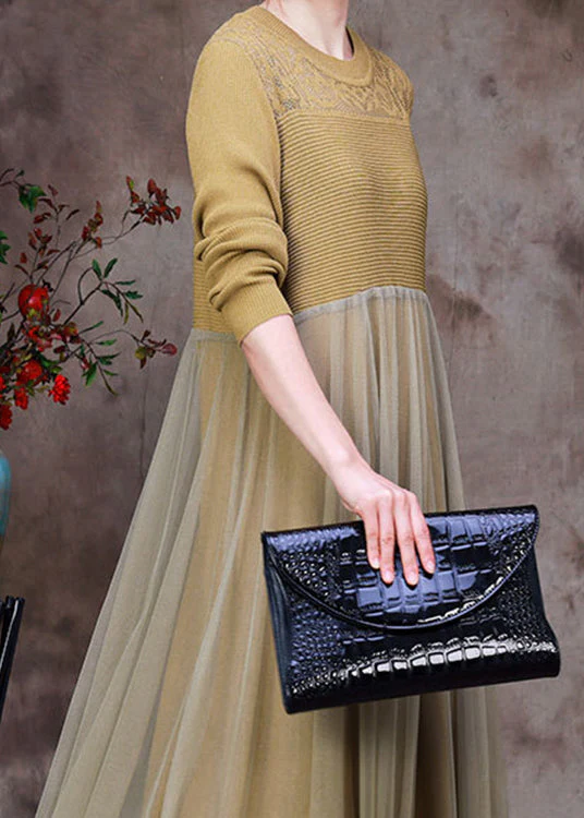 Stylish Yellow O-Neck Tulle Patchwork Knit Dress Long Sleeve - Image 4