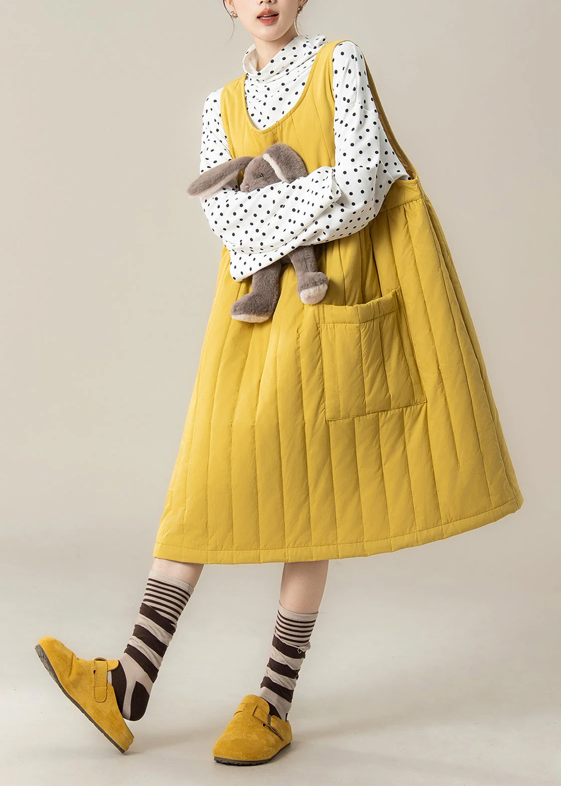 Stylish Yellow Oversized Pocket Fine Cotton Filled Dress Winter - Image 2