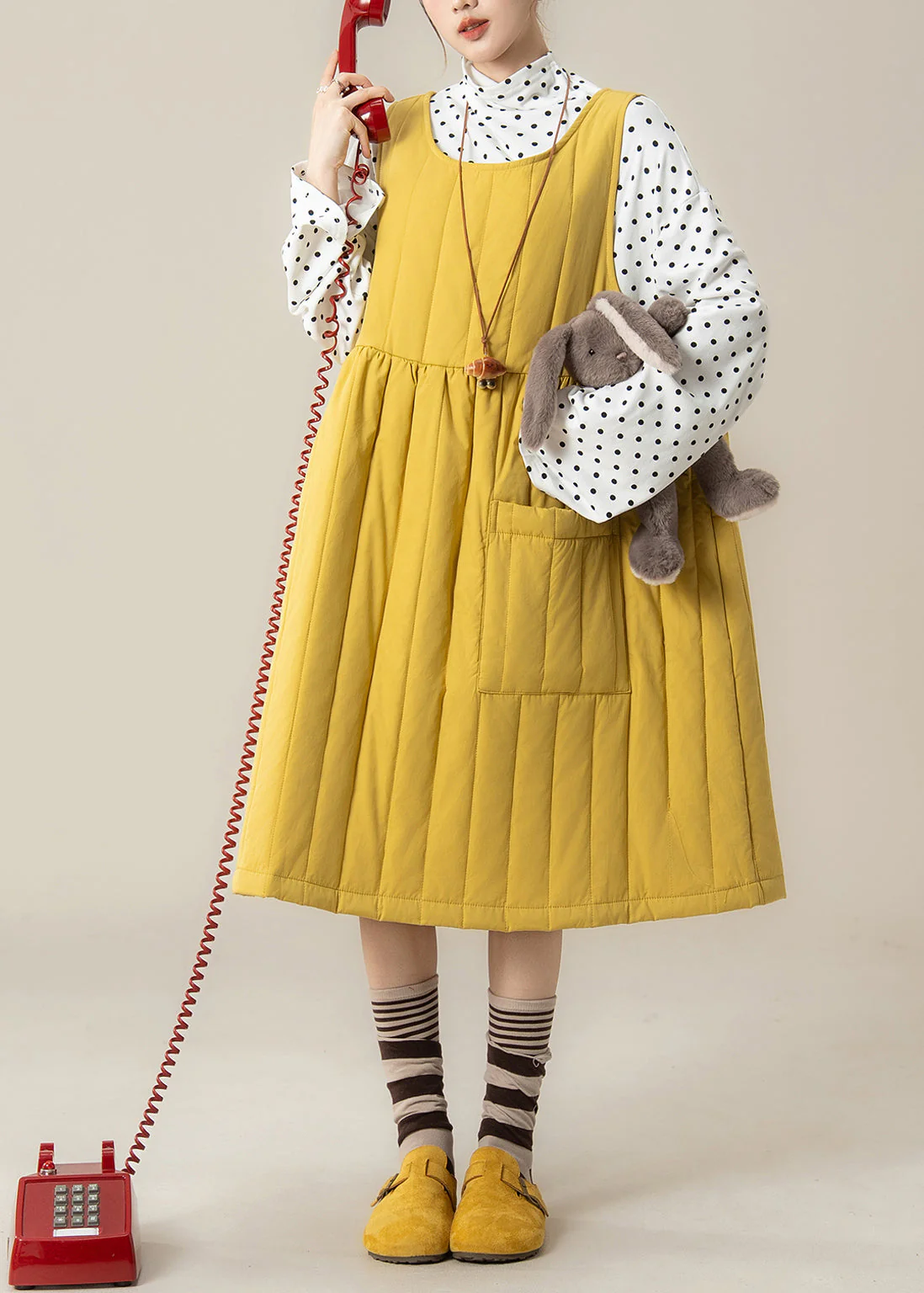 Stylish Yellow Oversized Pocket Fine Cotton Filled Dress Winter - Image 3