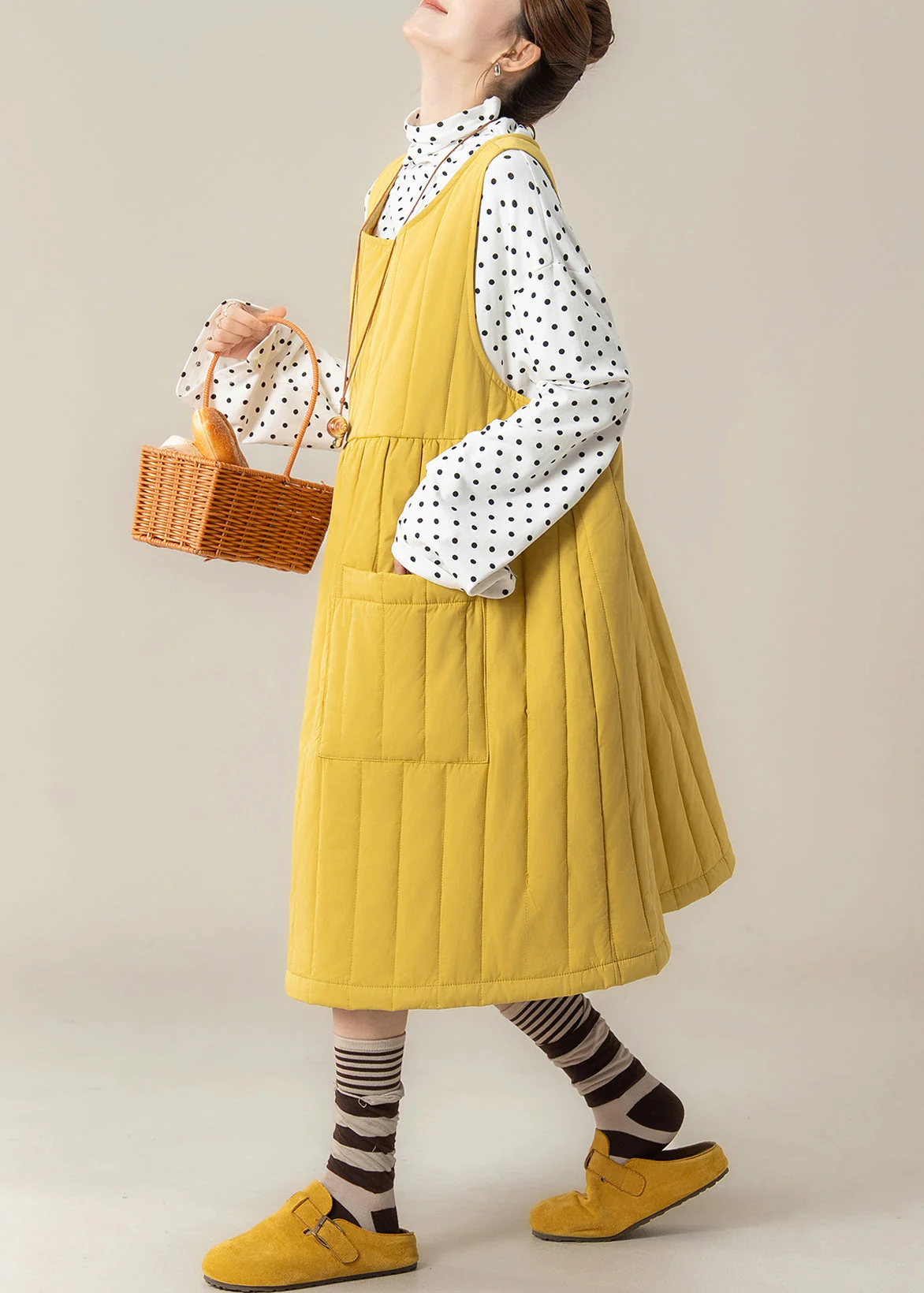 Stylish Yellow Oversized Pocket Fine Cotton Filled Dress Winter - Image 4