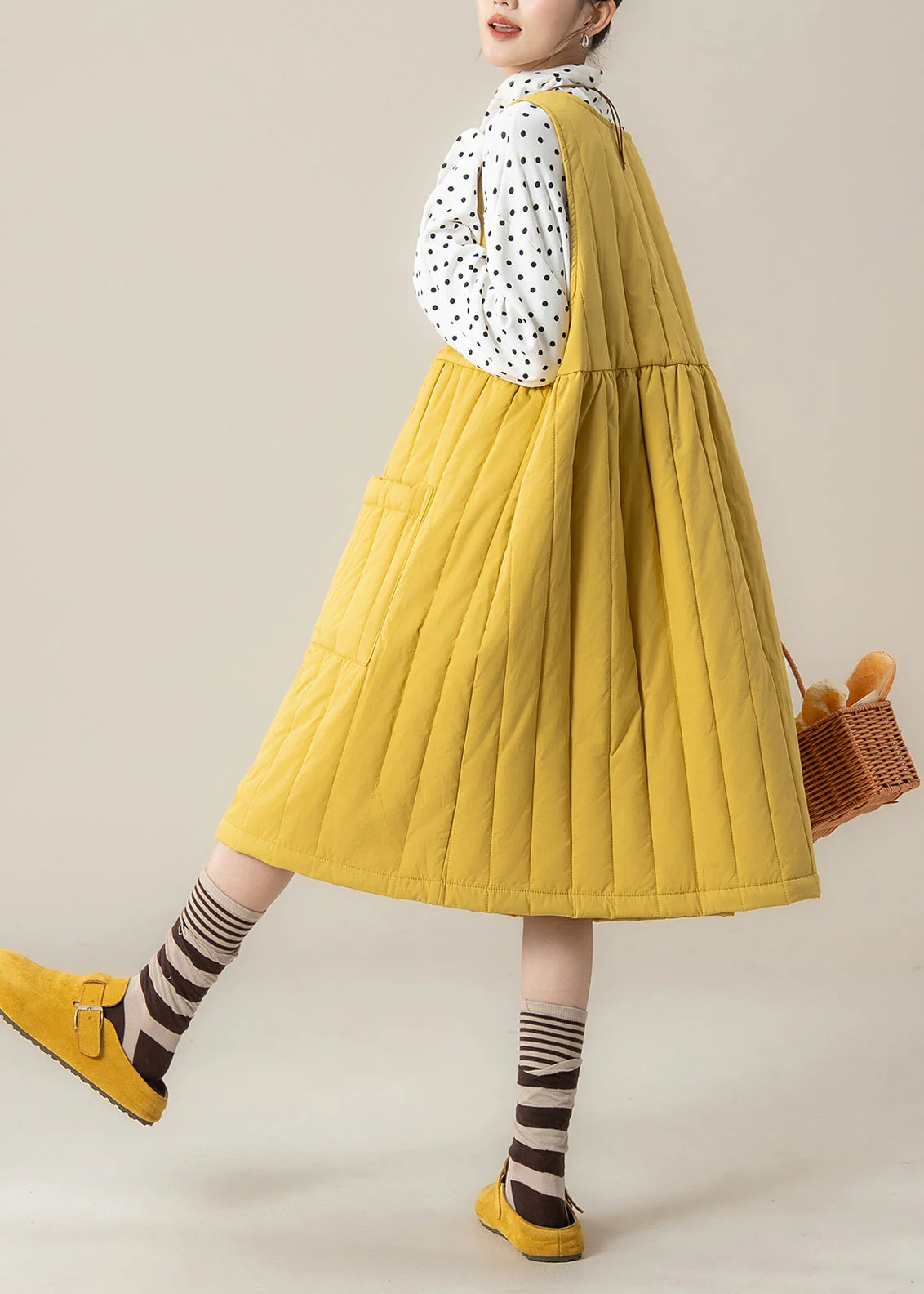 Stylish Yellow Oversized Pocket Fine Cotton Filled Dress Winter - Image 5