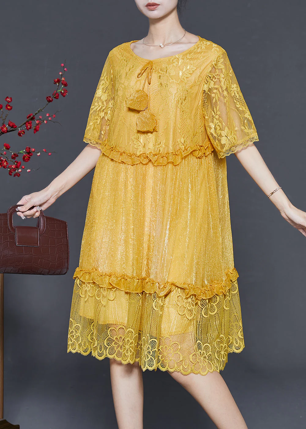 Stylish Yellow Patchwork Lace Party Dresses Summer - Image 2