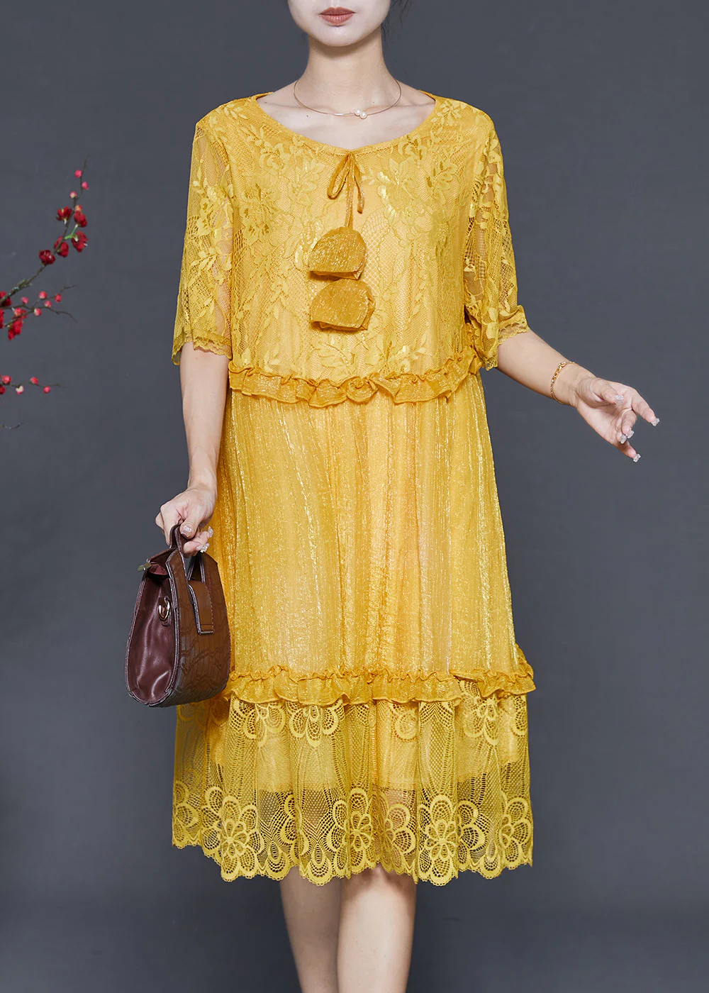 Stylish Yellow Patchwork Lace Party Dresses Summer - Image 3