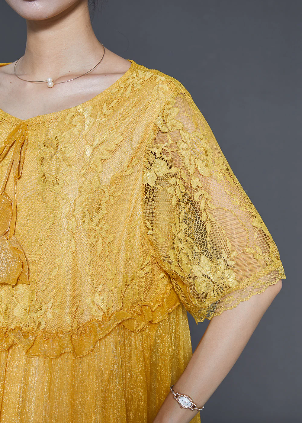Stylish Yellow Patchwork Lace Party Dresses Summer - Image 5