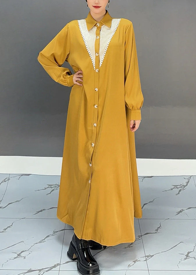 Stylish Yellow Patchwork Nail Bead Long Shirts Dress Spring - Image 2