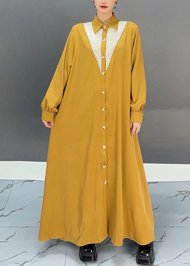 Stylish Yellow Patchwork Nail Bead Long Shirts Dress Spring - Image 3