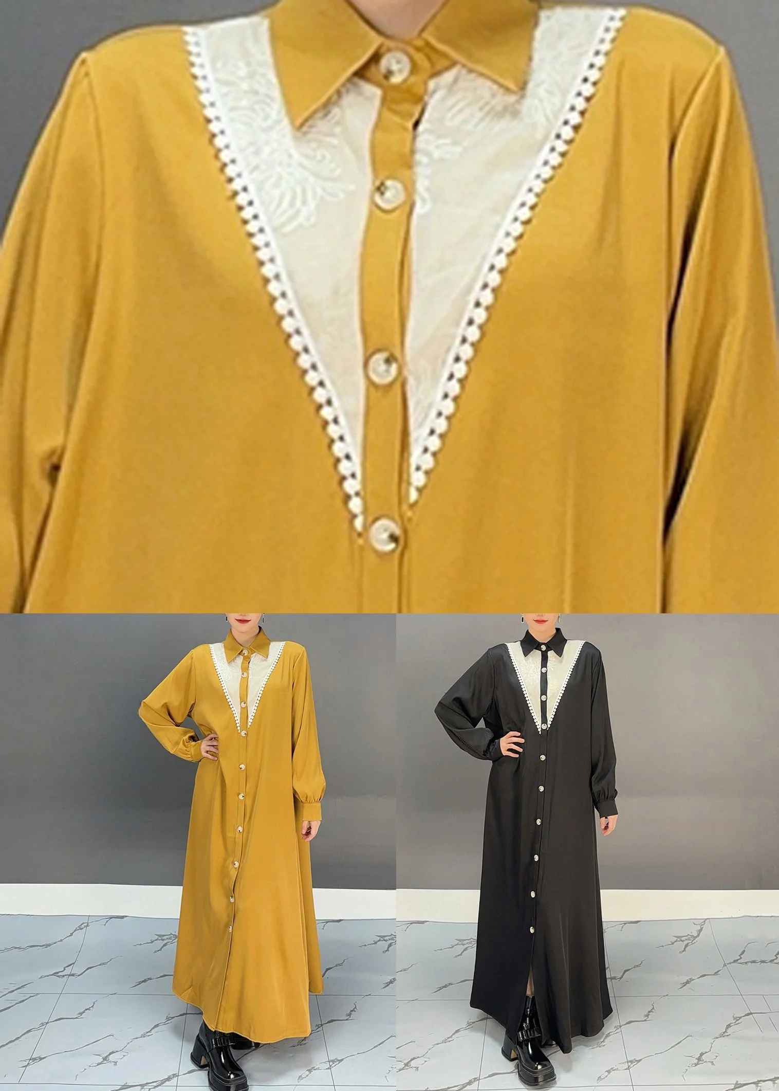 Stylish Yellow Patchwork Nail Bead Long Shirts Dress Spring - Image 5