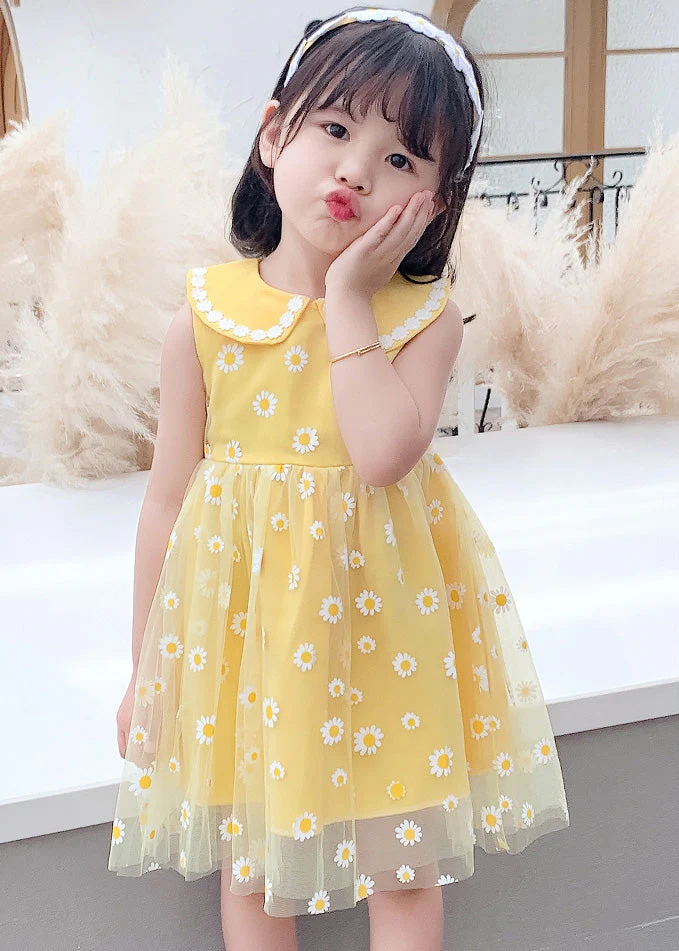 Stylish Yellow Patchwork Tulle Kids Long Dresses Sleeveless - Image 2