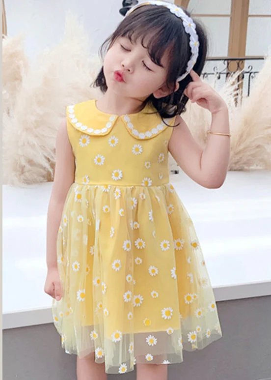 Stylish Yellow Patchwork Tulle Kids Long Dresses Sleeveless - Image 3