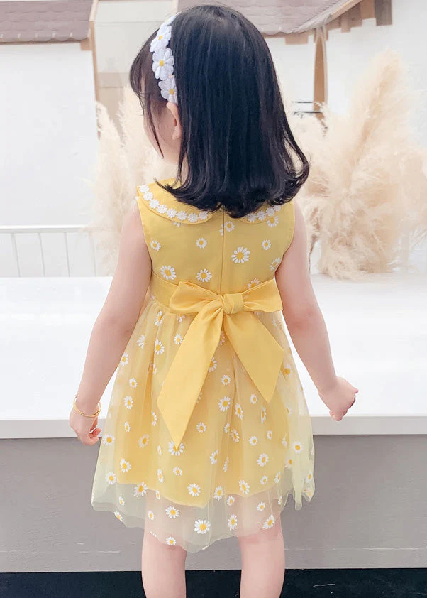Stylish Yellow Patchwork Tulle Kids Long Dresses Sleeveless - Image 4
