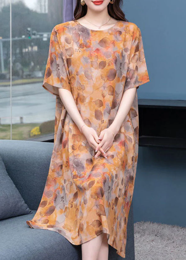 Stylish Yellow Print Side Open Patchwork Chiffon Dress Summer - Image 3
