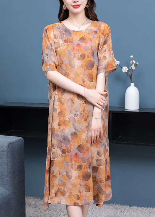 Stylish Yellow Print Side Open Patchwork Chiffon Dress Summer - Image 4