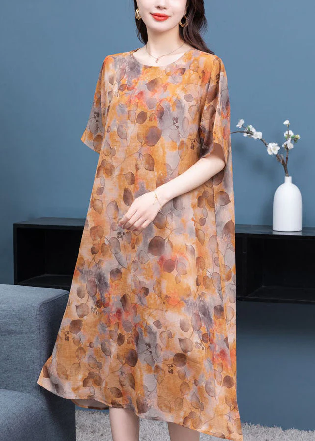 Stylish Yellow Print Side Open Patchwork Chiffon Dress Summer - Image 5