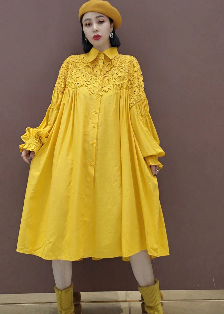 Stylish Yellow Puff Sleeve Peter Pan Collar lace Patchwork shirt Dress Spring - Image 2