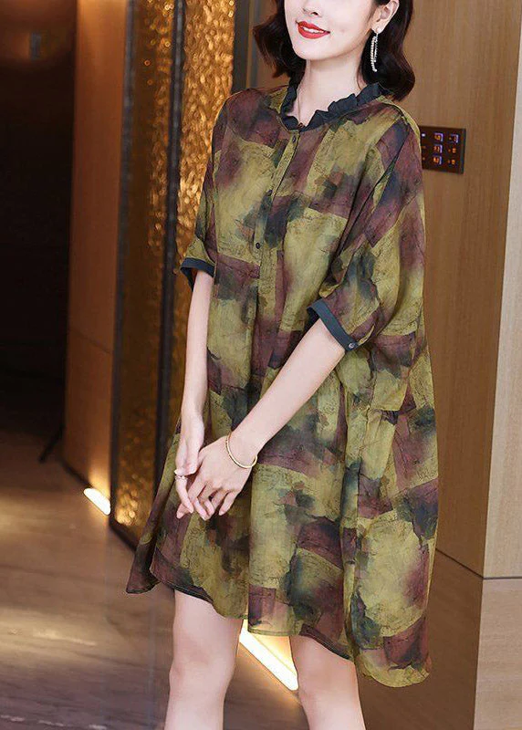 Stylish Yellow Ruffled Print Button Side Open Linen Dress Half Sleeve - Image 3