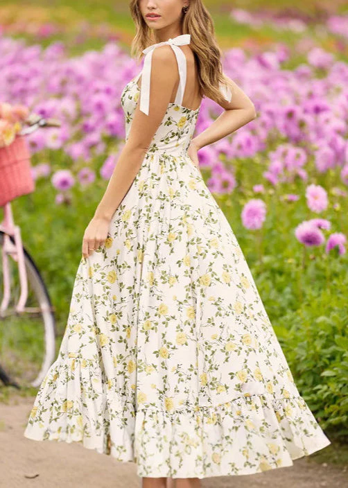 Stylish Yellow V Neck Print Cotton Spaghetti Strap Dress Sleeveless - Image 2
