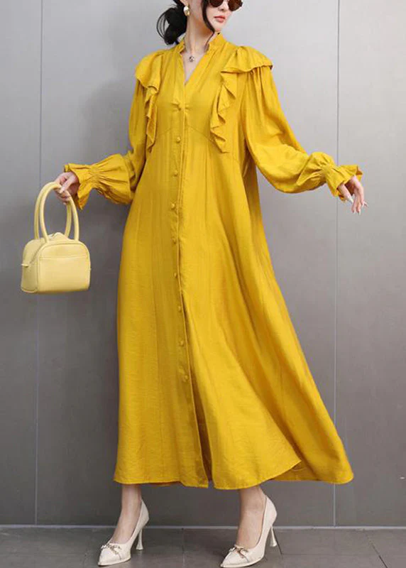 Stylish Yellow V Neck Ruffled Patchwork Maxi Dress Butterfly Sleeve - Image 3