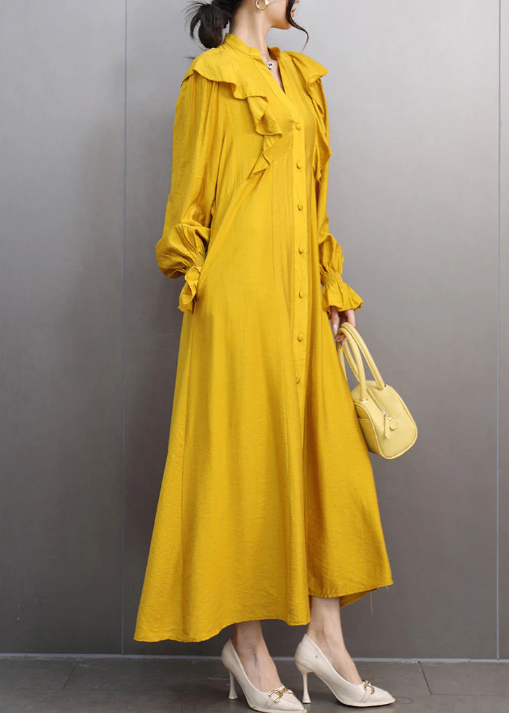 Stylish Yellow V Neck Ruffled Patchwork Maxi Dress Butterfly Sleeve - Image 5