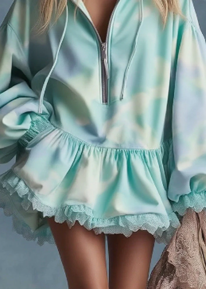 Stylish Zip Up Lace Patchwork Cotton Sweatshirt Streetwear Dress Spring - Image 4