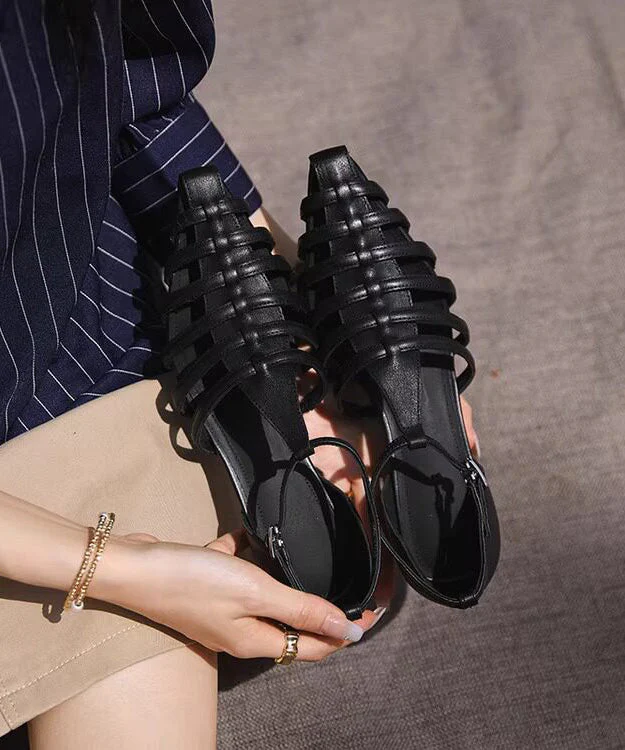 Summer Black Hollow Buckle Strap Chunky Heel Pointed Roman Sandals - Image 3