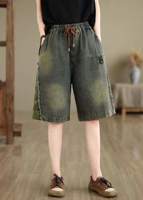 Summer Loose Casual Embroidered Elastic Waist Denim Shorts - Image 5
