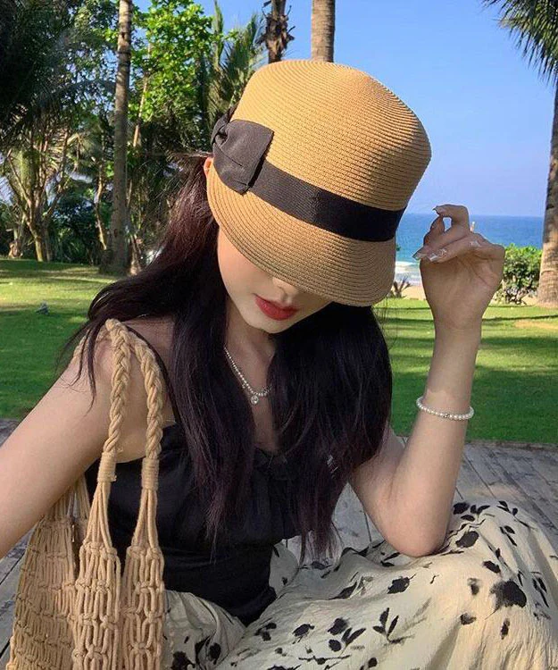 Summer New Khaki Bow Straw Woven Equestrian Hat - Image 3