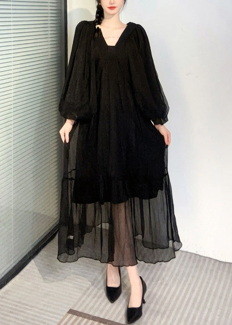 Summer New Watermelon Red V Neck Wrinkled Puff Sleeve Long Dress - Image 2