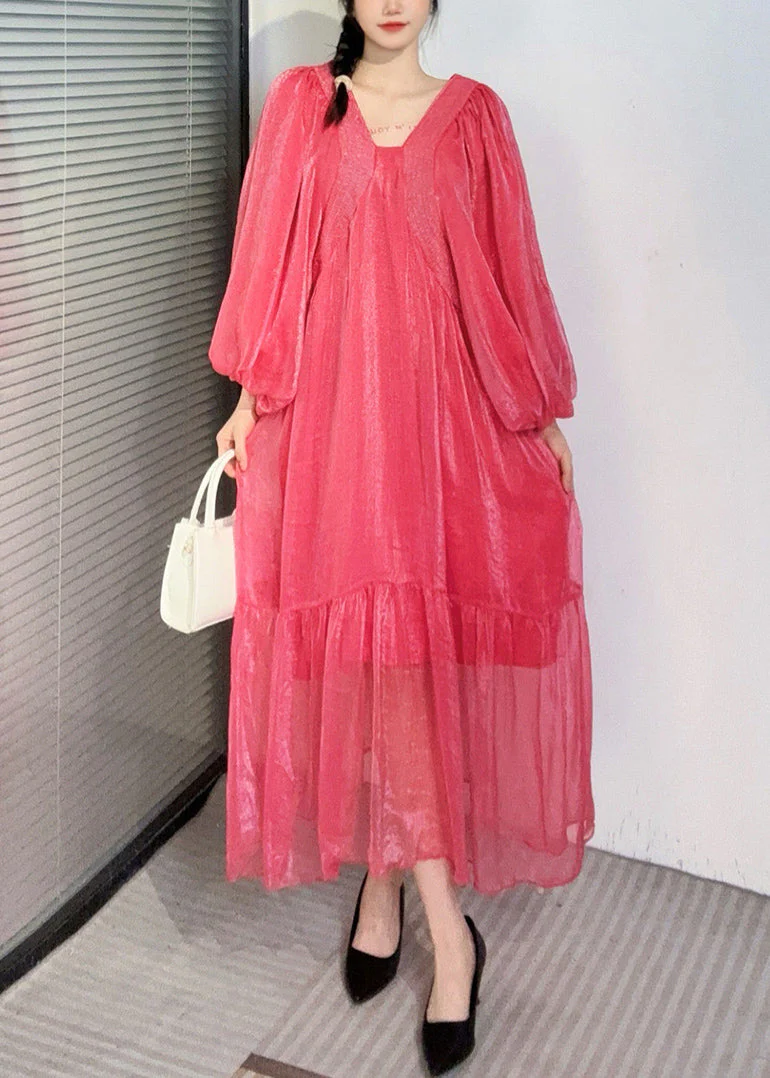 Summer New Watermelon Red V Neck Wrinkled Puff Sleeve Long Dress - Image 3