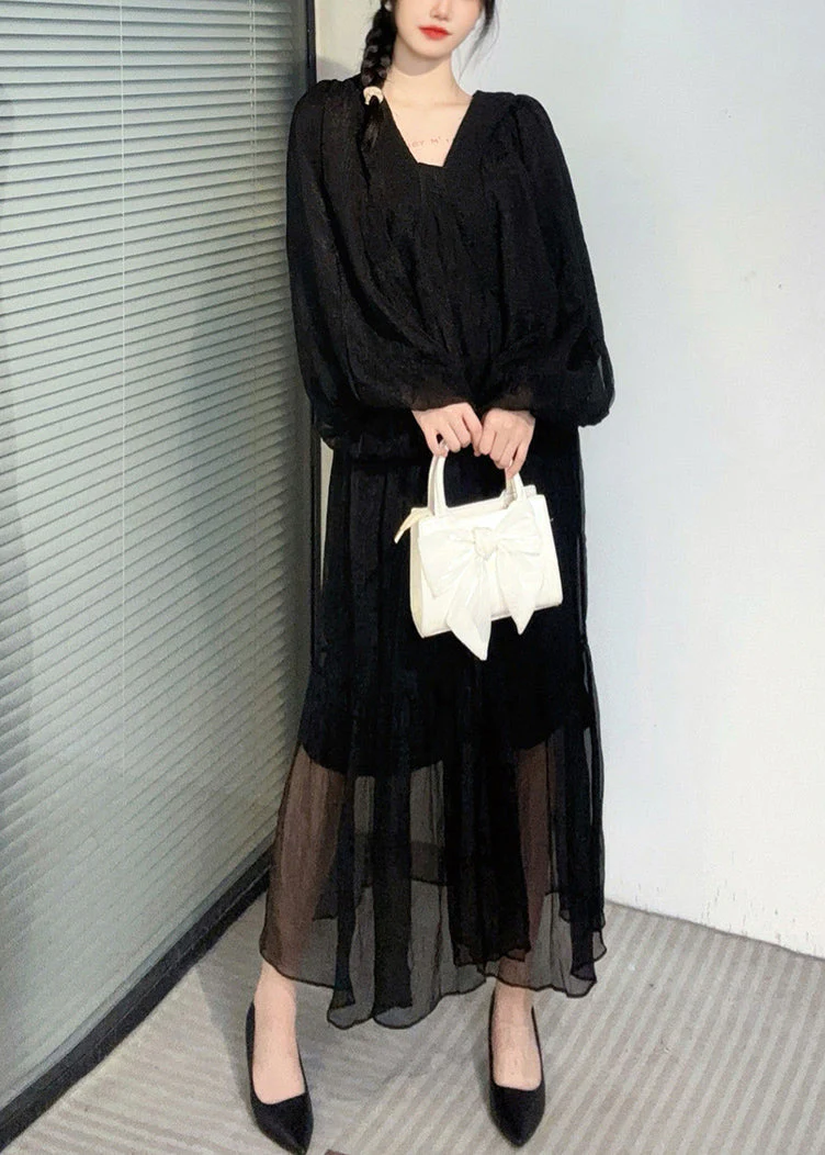Summer New Watermelon Red V Neck Wrinkled Puff Sleeve Long Dress - Image 4