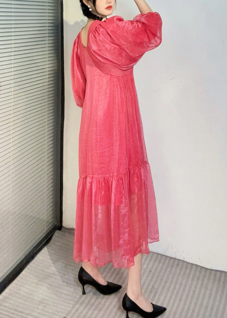 Summer New Watermelon Red V Neck Wrinkled Puff Sleeve Long Dress - Image 5