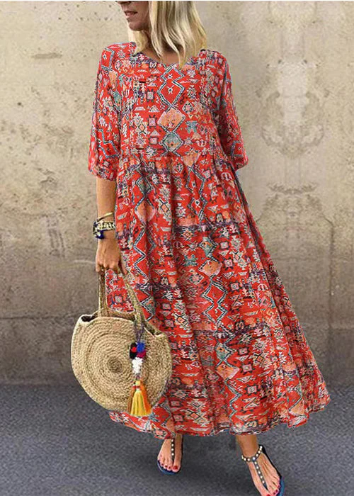 Summer Red flower Print Short Sleeve Plus Size Dress - Image 3