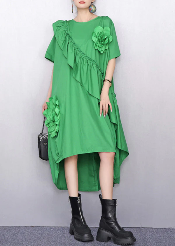 Summer White Asymmetrical Ruffle Dress 3D Floral Accents - Image 2